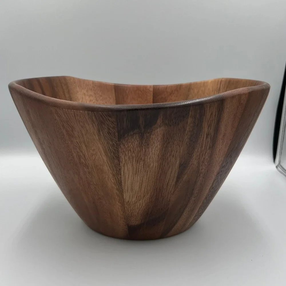 Lipper International Acacia Wood Salad Bowl 12in Brown Wavy Rim NWOT